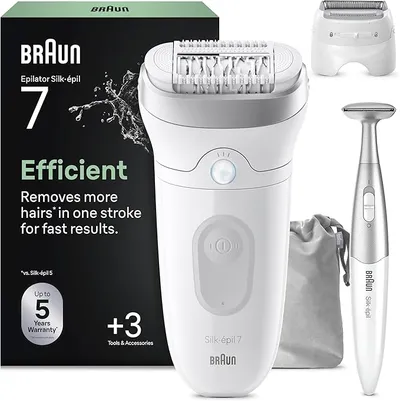 Braun Silk·épil 7 Depiladora Eléctrica Mujer, 7-241, Plata | Depiladora Corporal Inalámbrica con Cabezal Ancho, Peine Recortador Y Recortadora para Bikini, Resistente al Agua