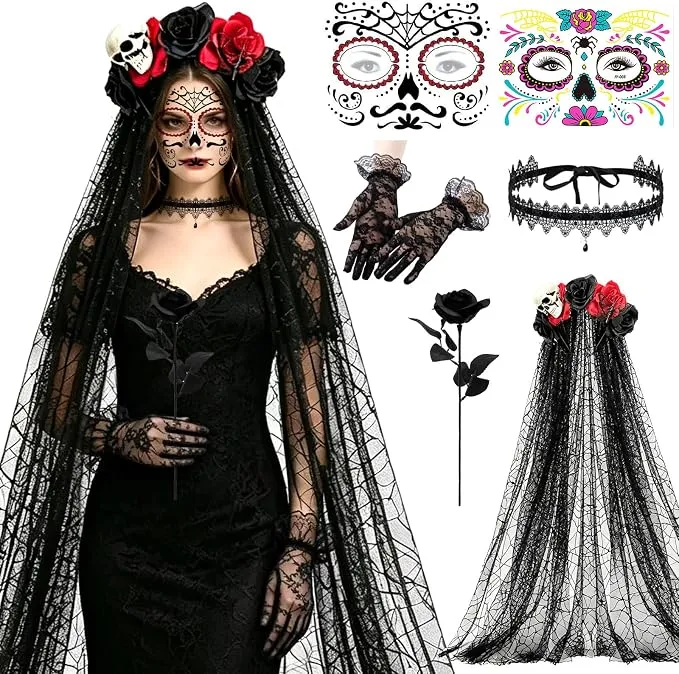 Pack Calavera Diadema Encaje y Tatuajes Temporales para Disfraces