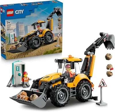 LEGO City Cargadora Retroexcavadora Amarilla – VehÃculo de Obra de Juguete y 2 Minifiguras – Camión con Cucharón Delantero y Retroexcavador – Regalo de Cumpleaños para Niños de 7+ Años – 60480
