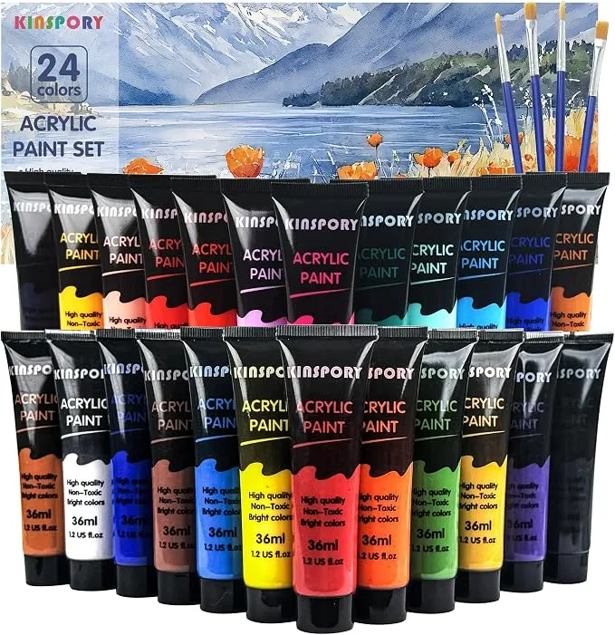 Set de Pinturas Acrílicas Kinspory 24 Tubos con Pinceles para Principiantes
