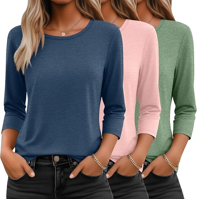 Ficerd Pack de 3 Camisetas de Manga 3/4 para Mujer