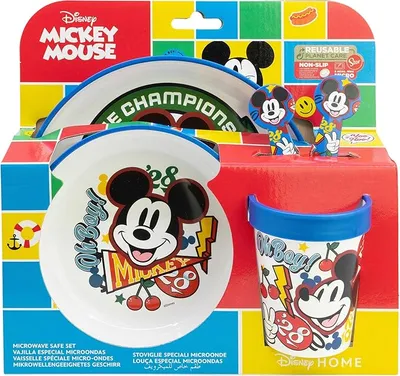 SET 5 PCS ANTIDESLIZANTE (PLATO, CUENCO, VASO Y CUBIERTOS) PREMIUM BICOLOR EN CAJA MICKEY TRUE CHAMPIONS