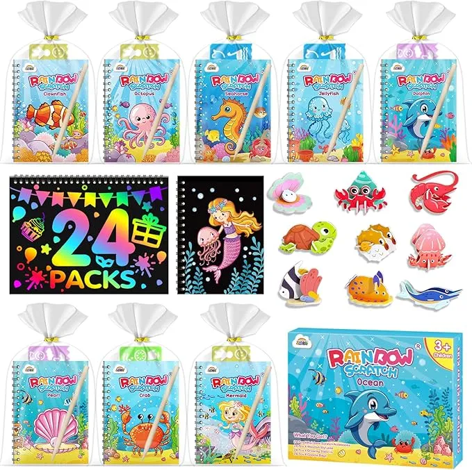 ZMLM Libros Scratch Kit, Pack of 24 Scratch Libretas, Plantilla y Lápiz de Madera, Puzzle 3D y Bolsas de Regalo, Regalos Cumpleaños Niños Colegio, Detalles Cumpleaños Niños Alumnos 3 a 12 Años(Océano)