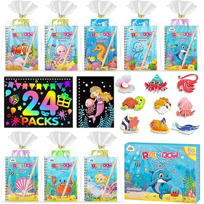 ZMLM Libros Scratch Kit, Pack of 24 Scratch Libretas, Plantilla y Lápiz de Madera, Puzzle 3D y Bolsas de Regalo, Regalos Cumpleaños Niños Colegio, Detalles Cumpleaños Niños Alumnos 3 a 12 Años(Océano)