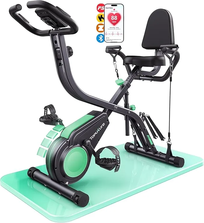 Toputure Bicicleta Estática 5 en 1 con App, Plegable, Magnética Silenciosa, Bandas de Resistencia, Respaldo y Pulsómetro