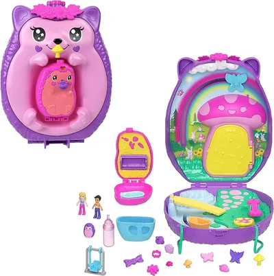 Polly Pocket Juguete portátil 2 en 1 con 2 muñequitos y 16 accesorios Conjunto de juego de bolso de erizo con temática de mascotas