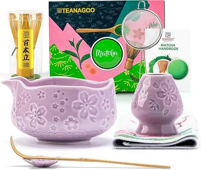 TEANAGOO Juego de 7 batidores matcha morados con diseño de flor de cerezo, kit completo de ceremonia, cuenco de cerámica Chawan con boquilla, batidor y accesorios, juego de té matcha tradicional