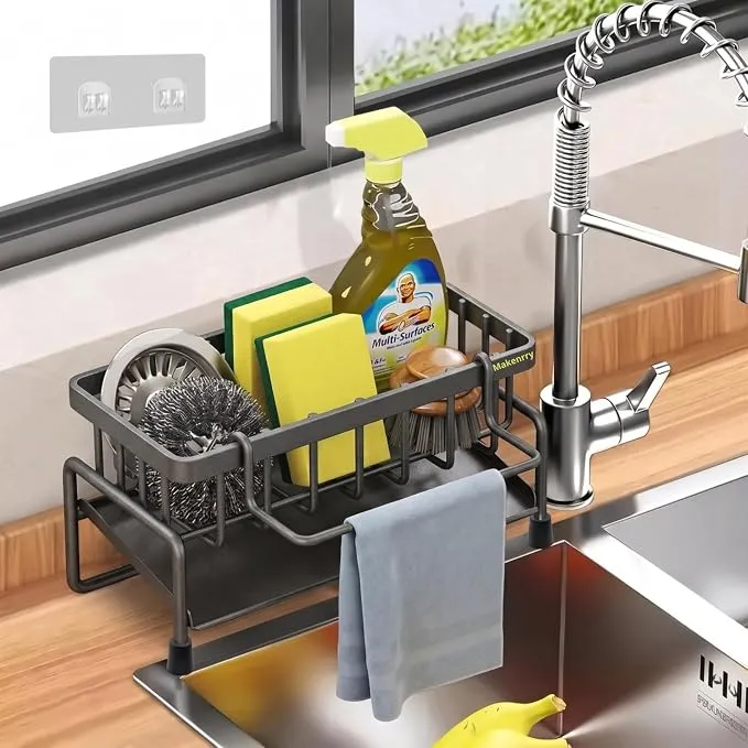 Makenrry Organizador de Fregadero Cocina con Bandeja Drenaje y Ventosas (Gris Mate)