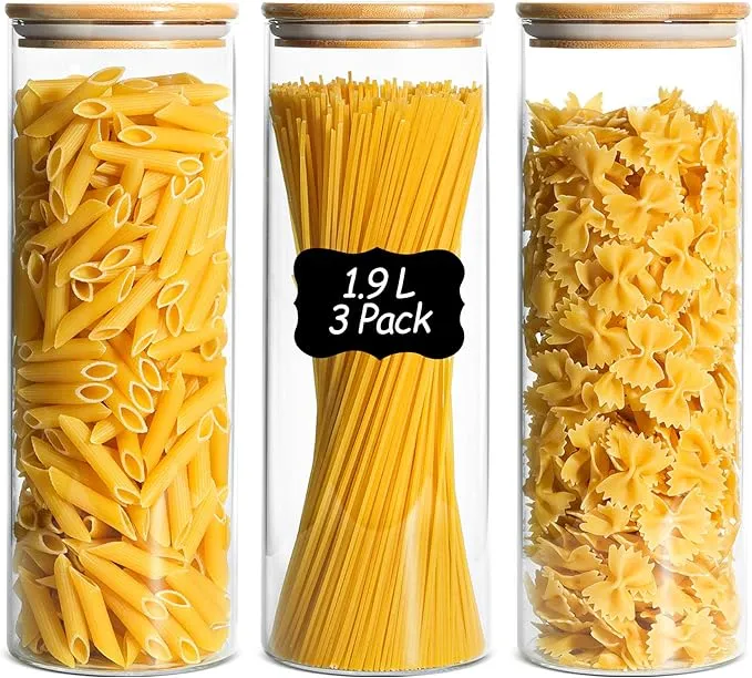 ComSaf Tarros de Cristal con Tapa de Bambú (Pack de 3, 1.9L)