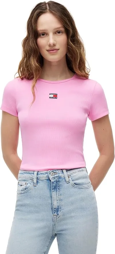 Camiseta Tommy Jeans Tjw Slim Badge Rib Tee Mujer - Rosa