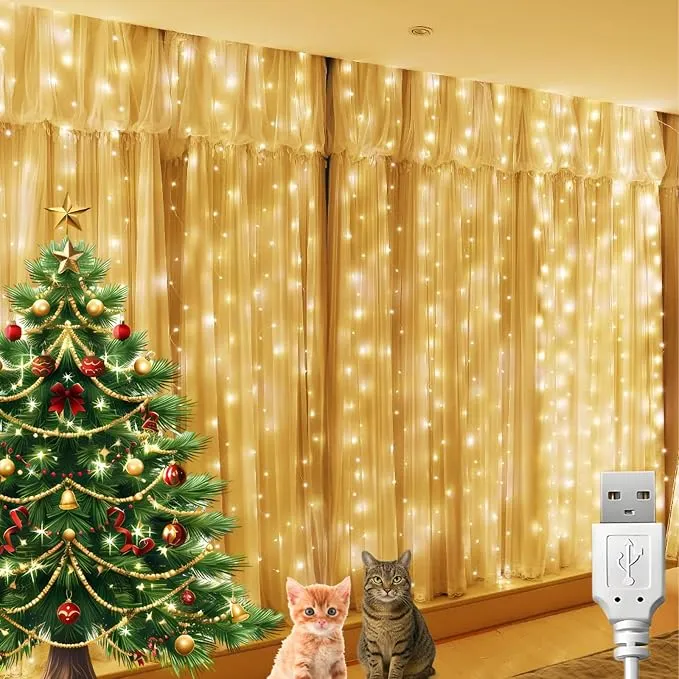 Cortina de Luces LED 2x2m con 200 LEDs Cálidos para Ambiente Acogedor
