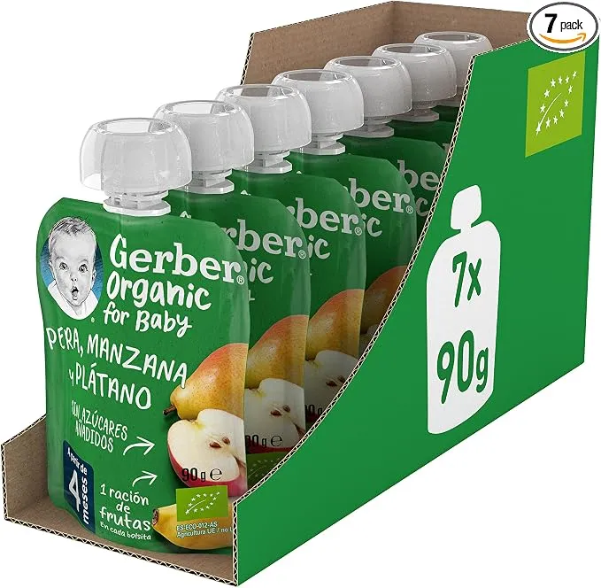 GERBER Organic Pera Manzana Plátano, Bolsita Puré de Fruta para Bebés, 7x90g, a partir de 4 meses