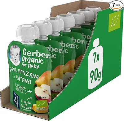 GERBER Organic Pera Manzana Plátano, Bolsita Puré de Fruta para Bebés, 7x90g, a partir de 4 meses