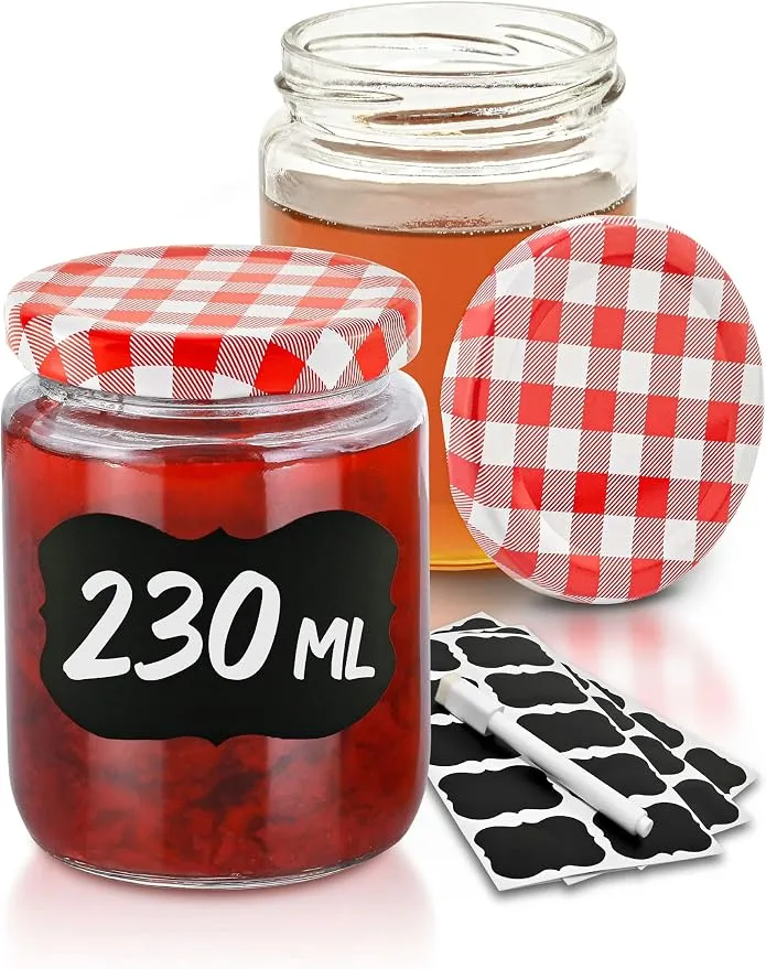 25 Tarros de Cristal Praknu 230 ml con Tapa Cuadros Rojos y Accesorios