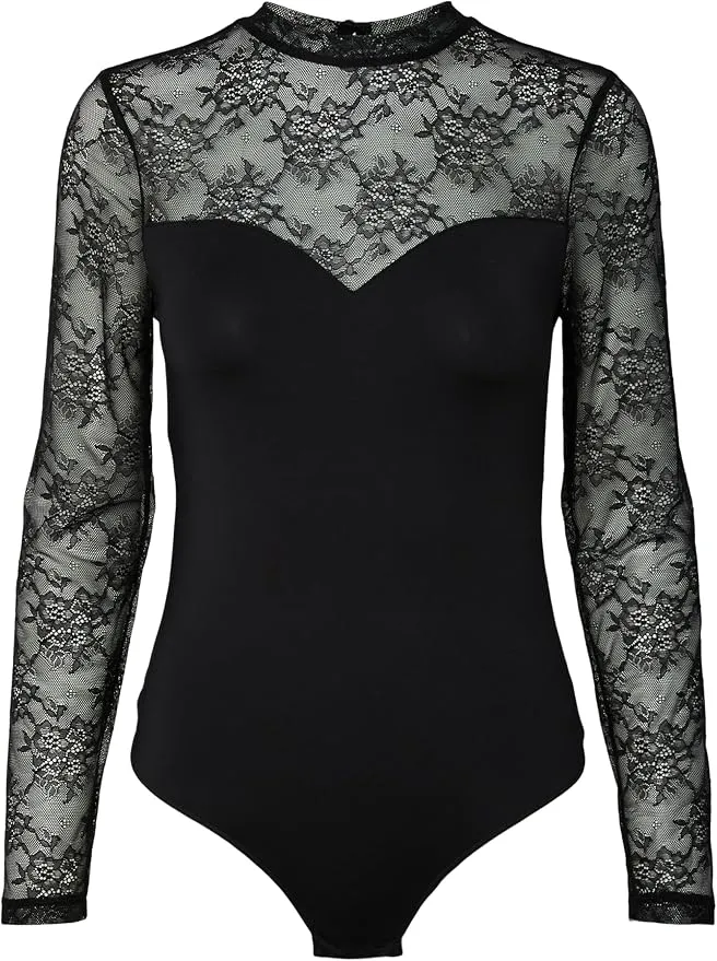 PIECES Mujer Pcmilly LS Bodystocking Encaje Negro Talla S