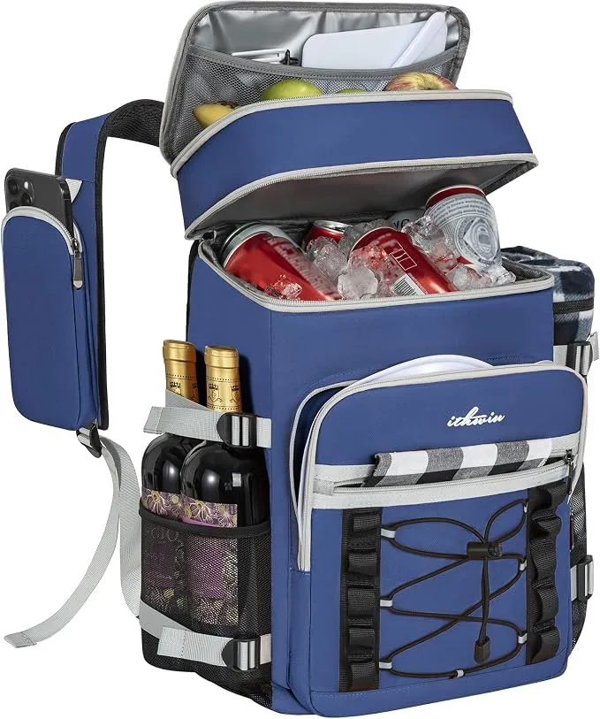 Mochila Isotérmica Doble Compartimento 30L para Picnic y Acampada (Azul)