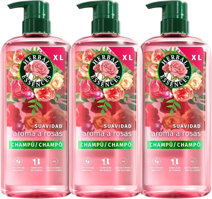 Herbal Essences Rosas Champú Suavidad para Pelo Seco, Sin Siliconas (3x650ml)