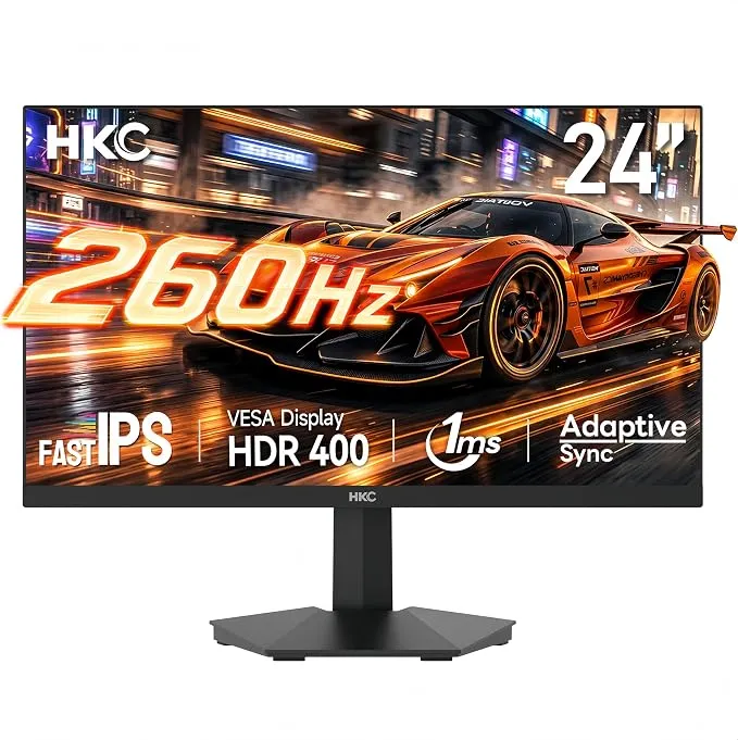 HKC Gaming Monitor 24 Pulgadas 260Hz Panel Fast IPS, HDR400, 1ms MPRT, Adaptive Sync, Inclinación Ajustable, Negro