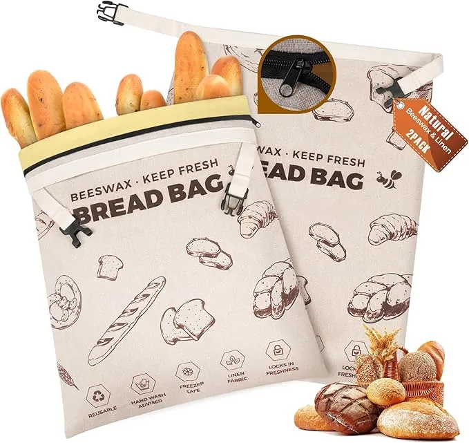 YARRAMATE Bolsas para Pan de Cera de Abejas Reutilizables de Lino - 2 Unidades (43x33 cm)