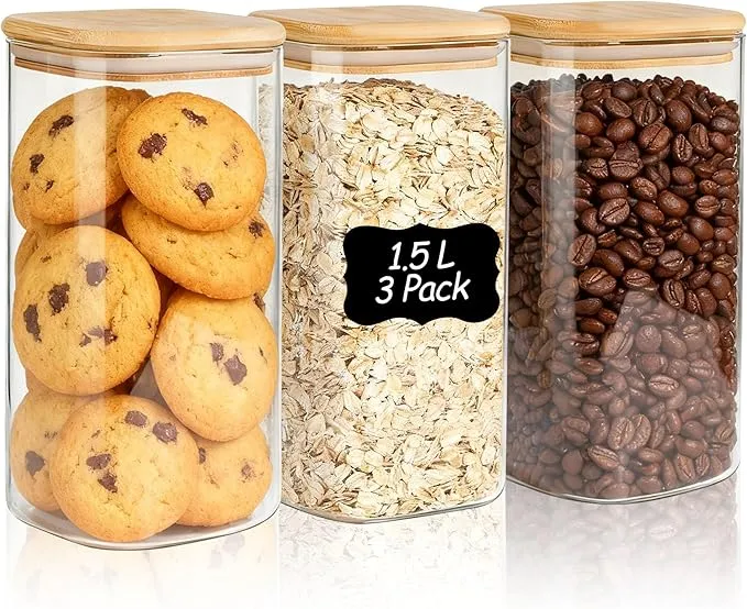Pack 3 Tarros Cristal ComSaf 1,5L con Tapa Hermética para Cocina y Despensa