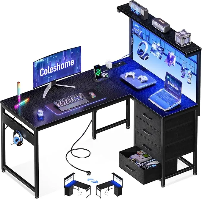 Coleshome Escritorio Esquinero Gaming con LED y 4 Cajones (130x100cm, Negro)