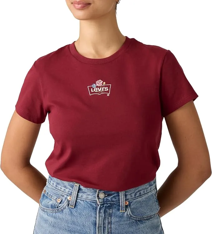 Camiseta Emb Rose BW Warm Caberne con Bordado Elegante