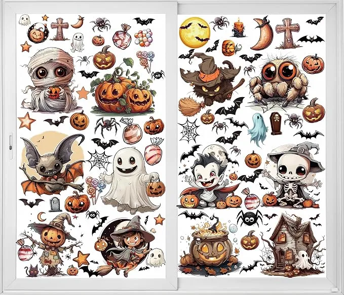 12 Hojas de Calcomanías Gigantes para Ventanas de Halloween: Murciélagos, Arañas y Brujas