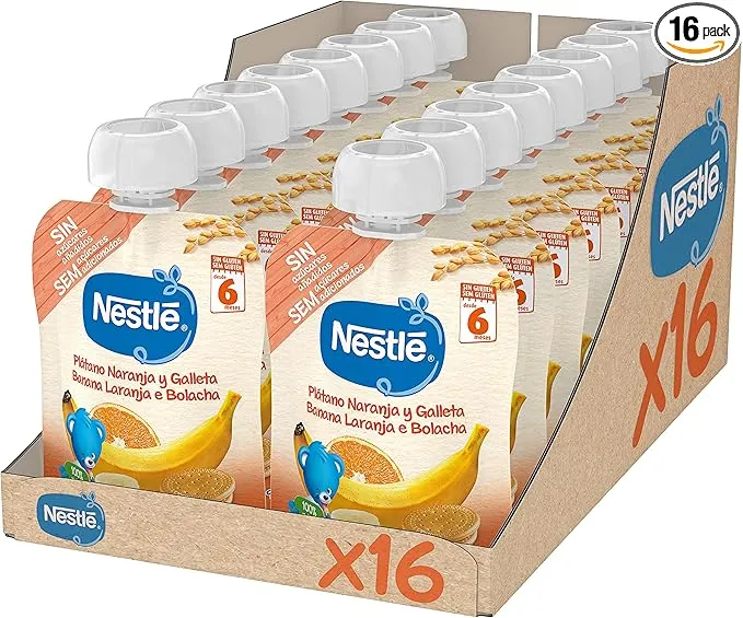 Nestlé Papillas Bolsita Puré Plátano Naranja Galleta Pack 16 unidades