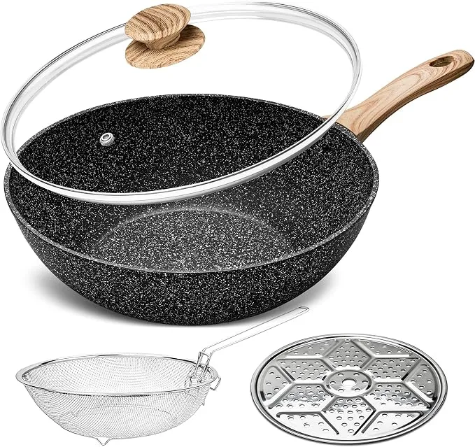 Michelangelo Juego de Wok Antiadherente 28 cm con Tapa, Cesta y Estante de Vapor