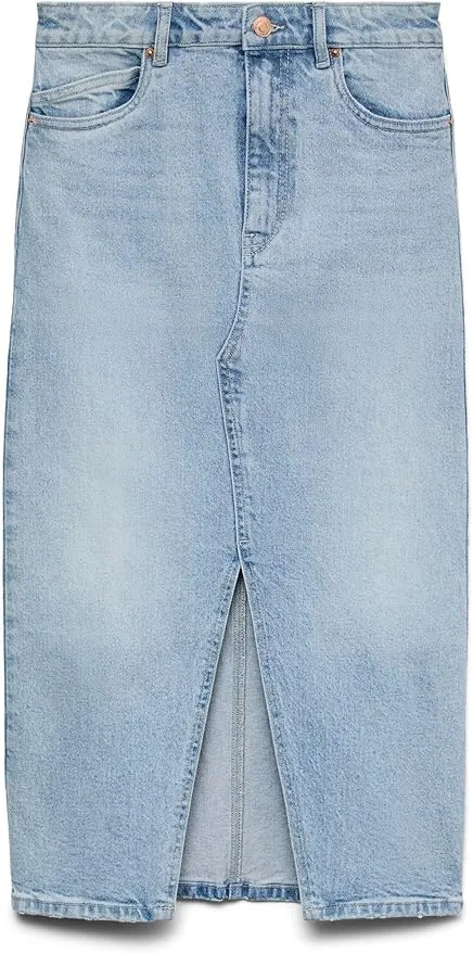 VERO MODA Falda Vaquera de Mezclilla hasta la Pantorrilla con Abertura Falda Maxi 5 Bolsillos