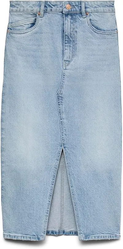 VERO MODA Falda Vaquera de Mezclilla hasta la Pantorrilla con Abertura Falda Maxi 5 Bolsillos