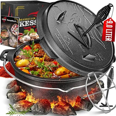 KESSER® Juego de horno holandés para barbacoa, 9,0 litros, olla para hoguera con posavasos de acero inoxidable, olla de hierro fundido con elevador de tapa, asa y ranura para termómetro