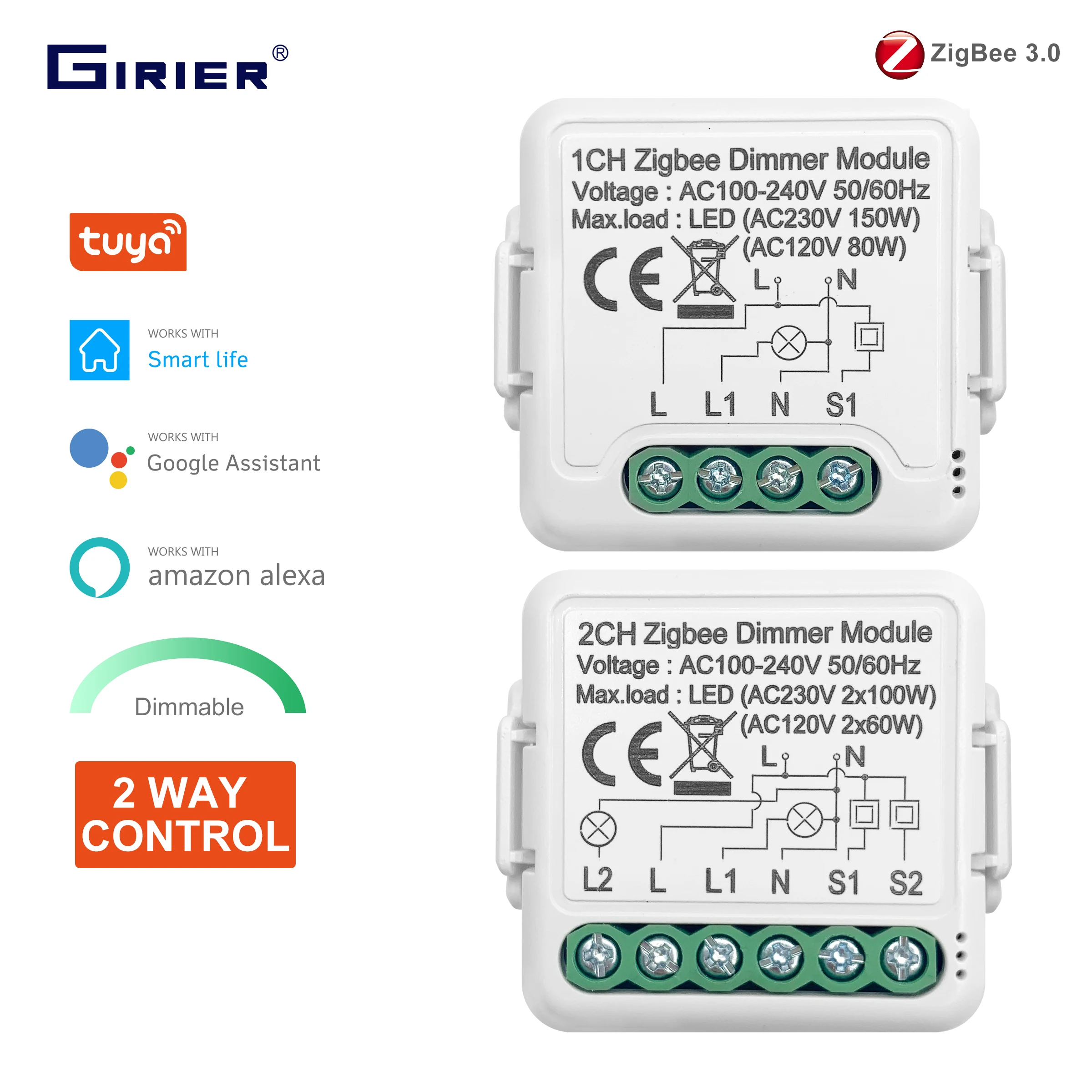 Relé Inteligente GIRIER Zigbee 3.0 (1/2 Canales) para Domótica