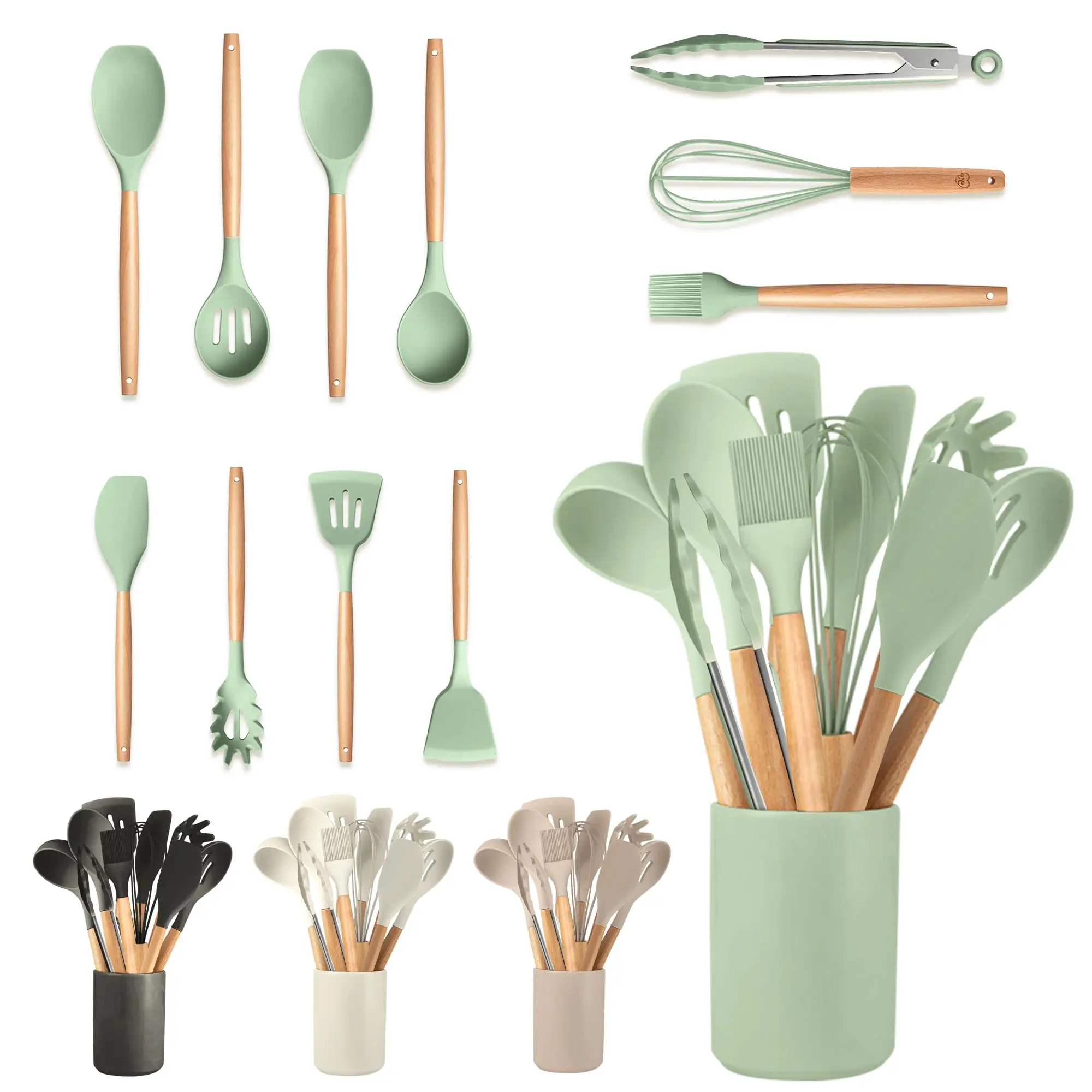 Set de Cocina RELAXTY de 12 Piezas en Silicona con Mangos de Madera