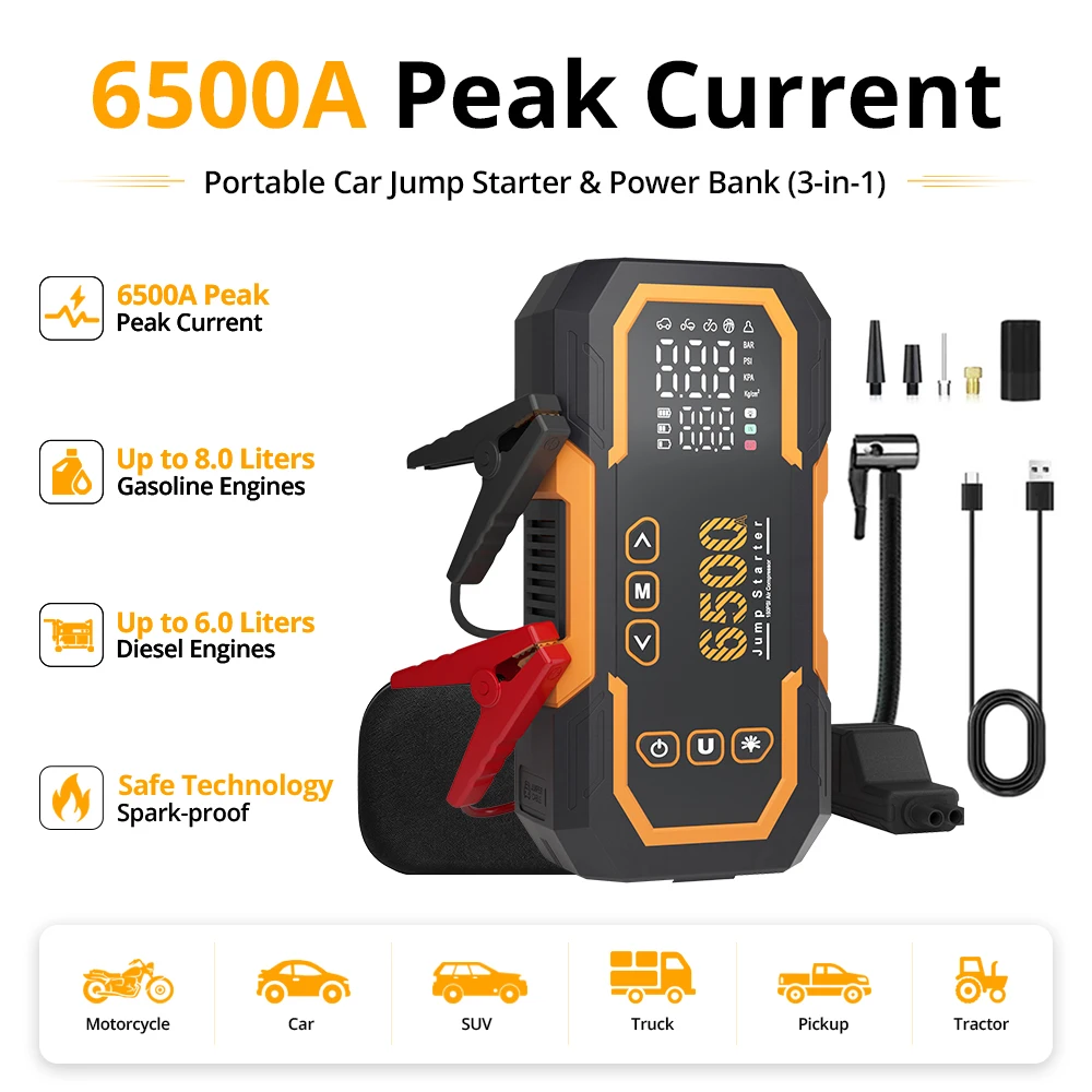Arrancador de Batería de Coche 6500A Portátil con Banco de Energía y Cables de Puente