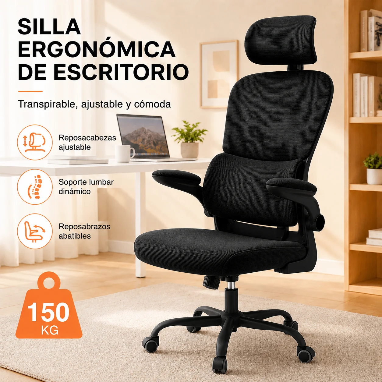 Silla de Oficina Ergonómica Ajustable con Soporte Lumbar y Reposacabezas
