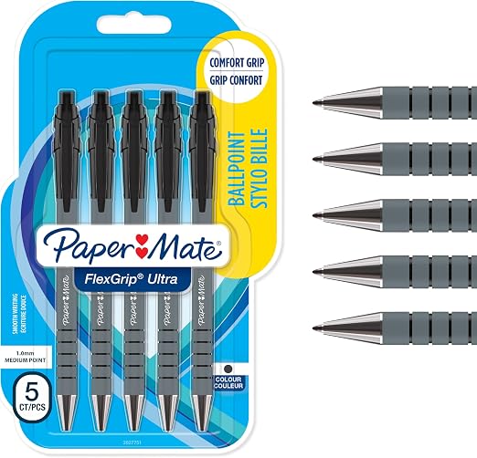 Pack 5 Bolígrafos Paper Mate Flexgrip Ultra Retráctiles, Punta Mediana (1.0 mm), Negro