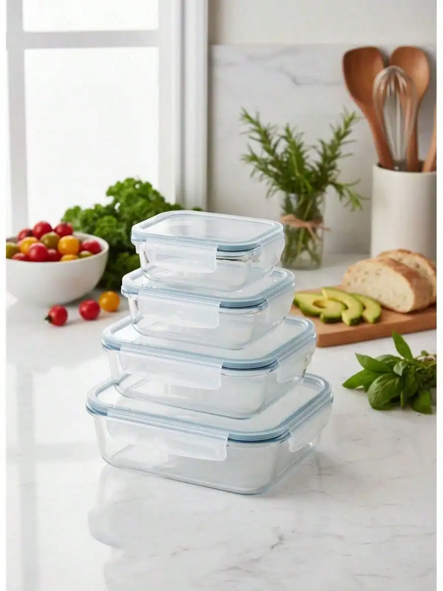 Set 4 Fiambreras Rectangulares de Vidrio Borosilicato BLOOM con Tapas