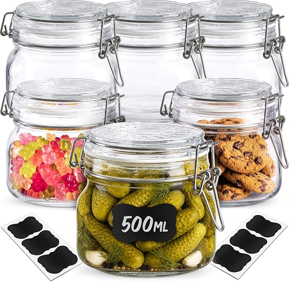 Praknu 6 Tarros de Cristal Herméticos 500 ml con Cierre de Clip