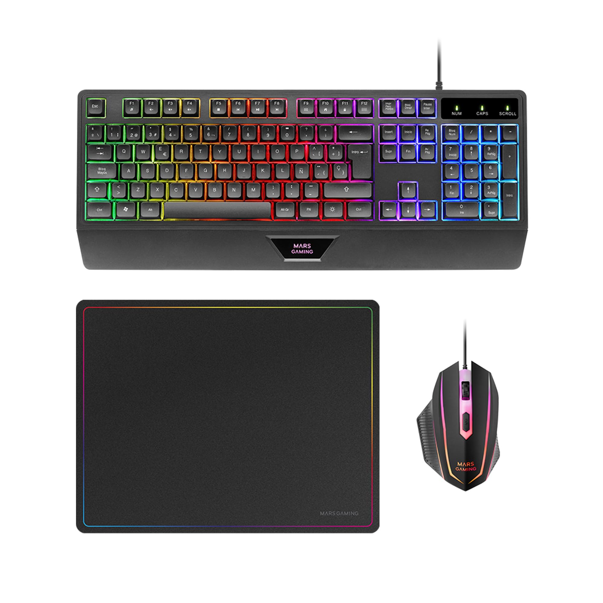 Mars Gaming MCP124 Combo Gaming 3en1 Teclado H-Mech RGB, Ratón 3200DPI y Alfombrilla Nanotextil Layout Español