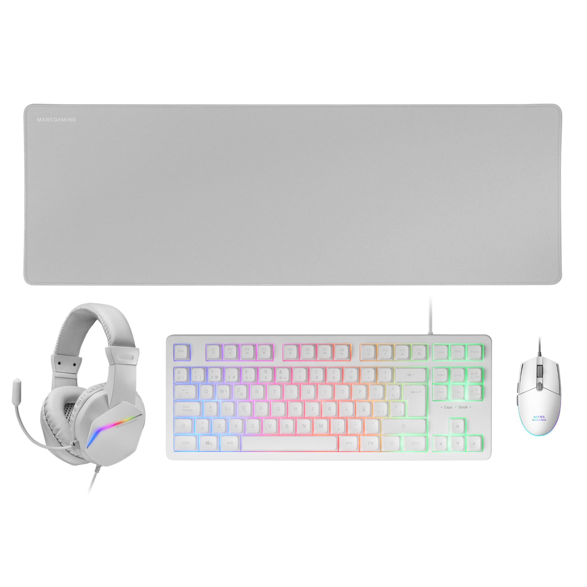 Pack Gaming Mars Gaming MCP-RGB3 Teclado, Ratón, Auriculares y Alfombrilla XXL Blanco