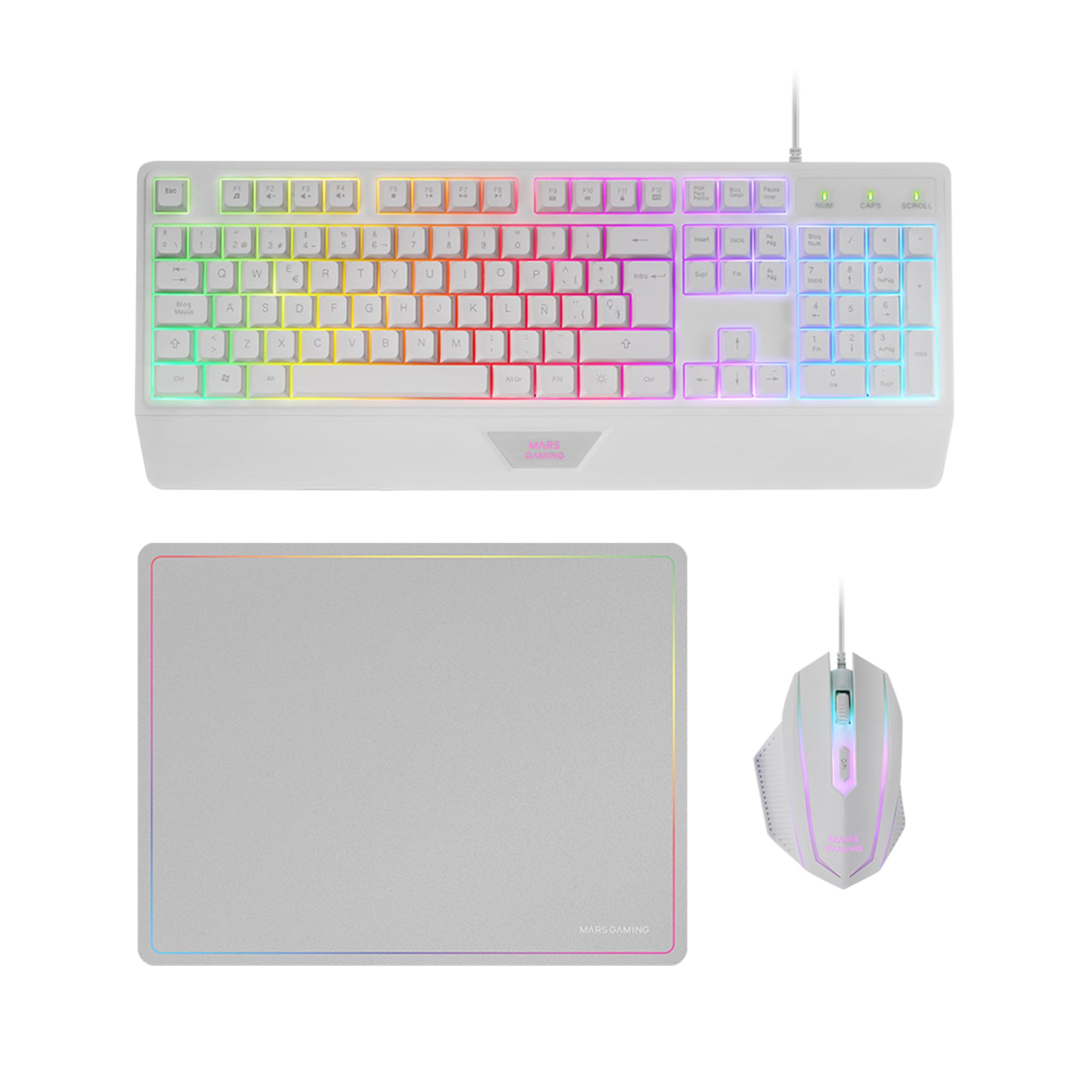 Mars Gaming MCP124 Combo Gaming 3en1 Español H-Mech LED RGB Blanco