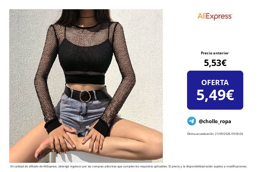 Camiseta Negra Sexy de Malla Calada para Mujer