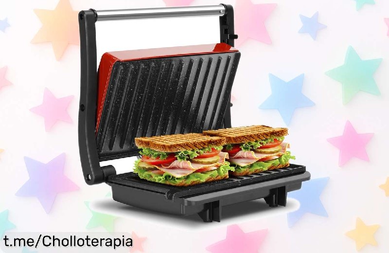 Sandwichera y Parrilla Eléctrica 1000W Antiadherente con Apertura 180º