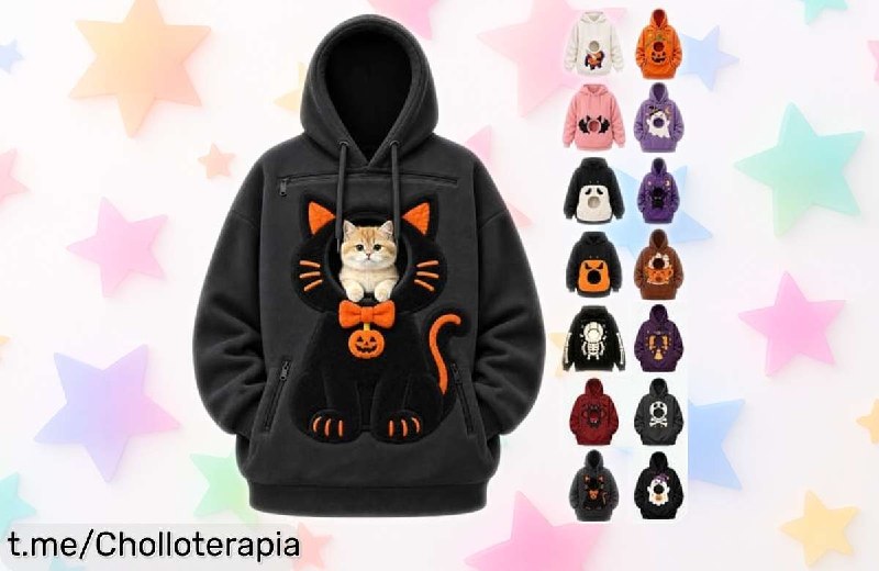 Sudadera con Capucha para Mujer con Estampado de Gato y Bolsillo Porta Mascotas